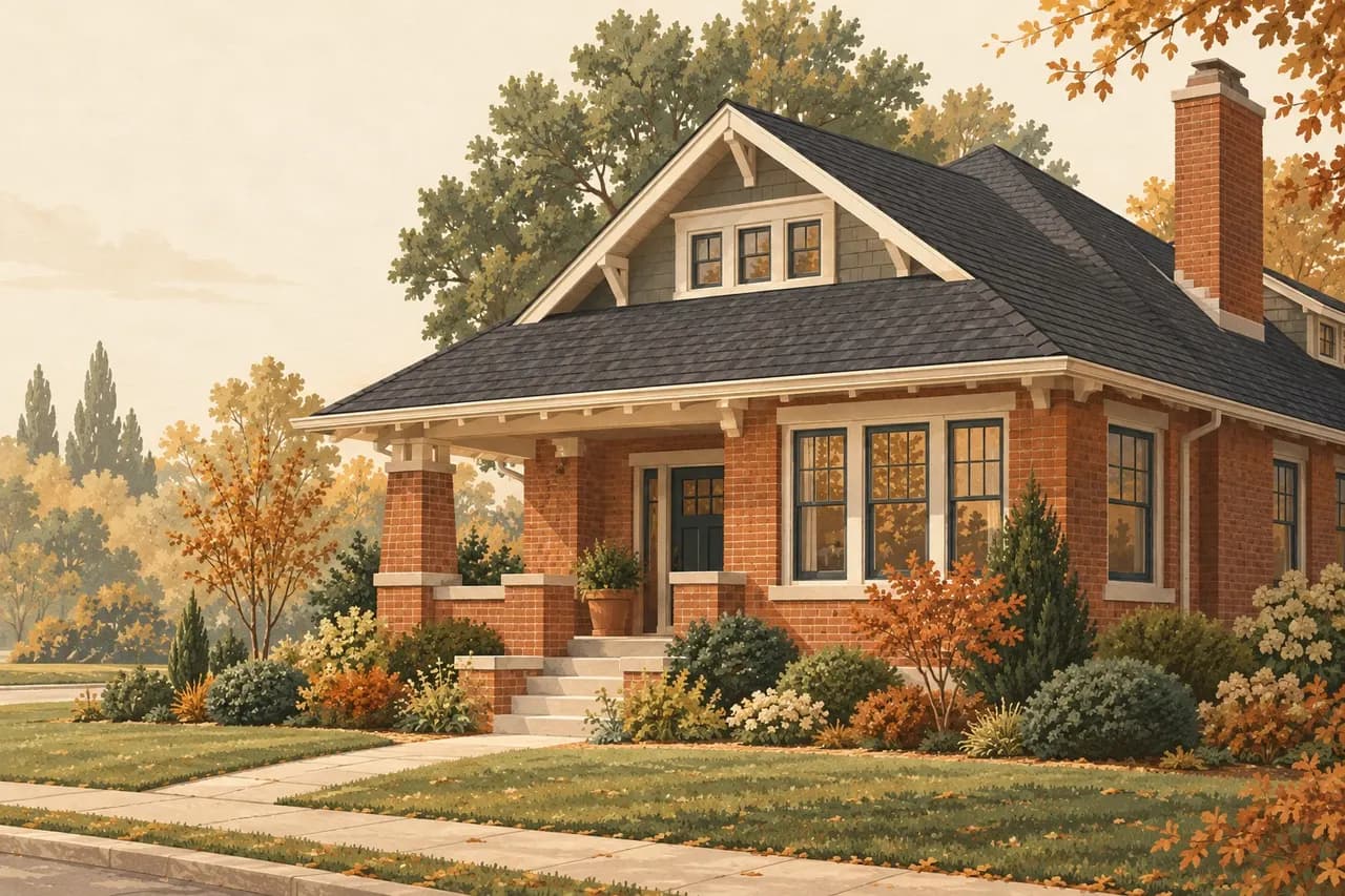 Editorial illustration of a brick bungalow with a charcoal shingle roof and leafy trees